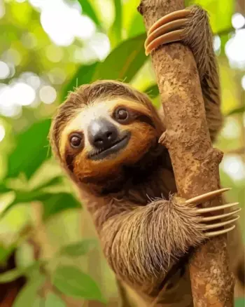 Smiling sloth diamond painting kit — cute sloth hugging a tree in a tropical forest