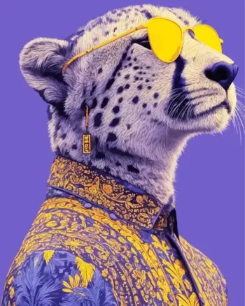 Stylish cheetah diamond painting kit — cheetah wearing golden sunglasses and patterned clothing