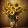 Golden sunflowers in an antique vase against a warm brown background