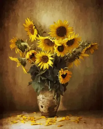 Golden sunflowers in an antique vase against a warm brown background