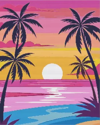Tropical beach diamond painting kit with palm trees and turquoise waters