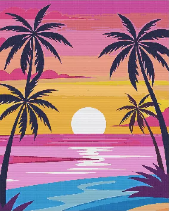 Tropical Beach Diamond Paints Tropical beach diamond painting kit with palm trees and turquoise waters