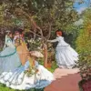 Women in elegant dresses beneath leafy garden trees