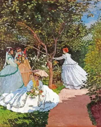 Women in elegant dresses beneath leafy garden trees