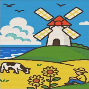 Peaceful farm landscape diamond painting kit with green fields and countryside scenery
