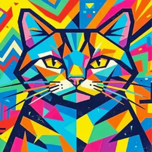 Pop art cat diamond painting kit with vibrant colors and playful feline design