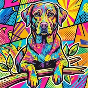 Pop art dog diamond painting kit with vibrant colors and playful canine design