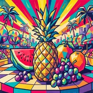Pop art fruit diamond painting kit featuring vibrant, colorful fruit