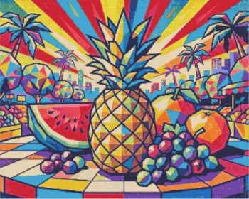 Pop art fruit diamond painting kit featuring vibrant, colorful fruit