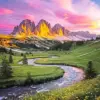 Tre Cime di Lavaredo diamond painting kit — sunlit Dolomites peaks above a winding stream and green alpine valley