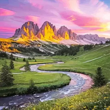 Tre Cime di Lavaredo diamond painting kit — sunlit Dolomites peaks above a winding stream and green alpine valley