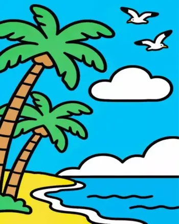 Tropical beach diamond painting kit with palm trees and turquoise water