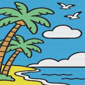 Tropical beach diamond painting kit with palm trees and turquoise water